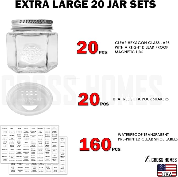 20 Pack Magnetic Spice Jars Large 4 oz Refrigerator Hexagon Glass Spice Jars - Image 2