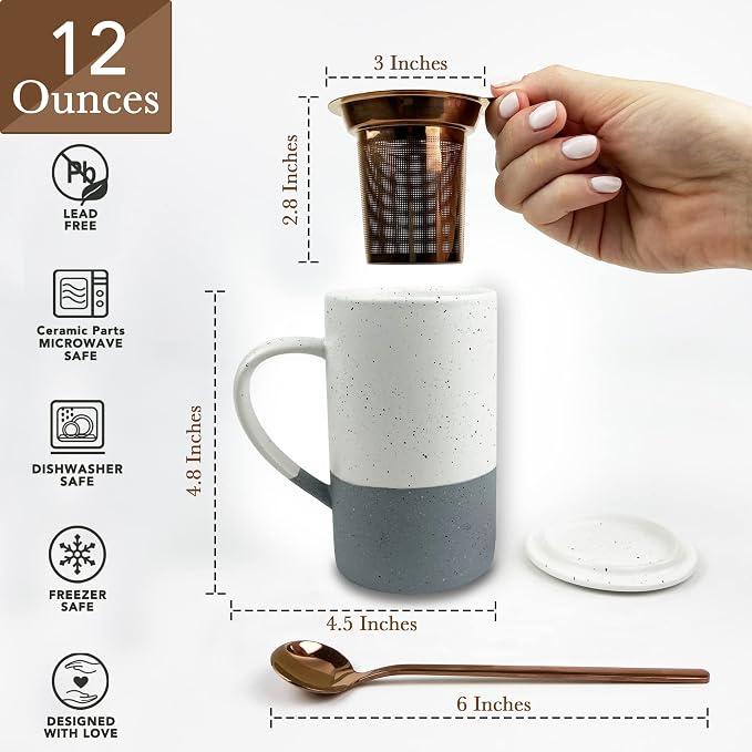Mora Ceramics Tea Cup with Loose Leaf Infuser, Spoon and Lid, 12 oz, Microwave - Image 2