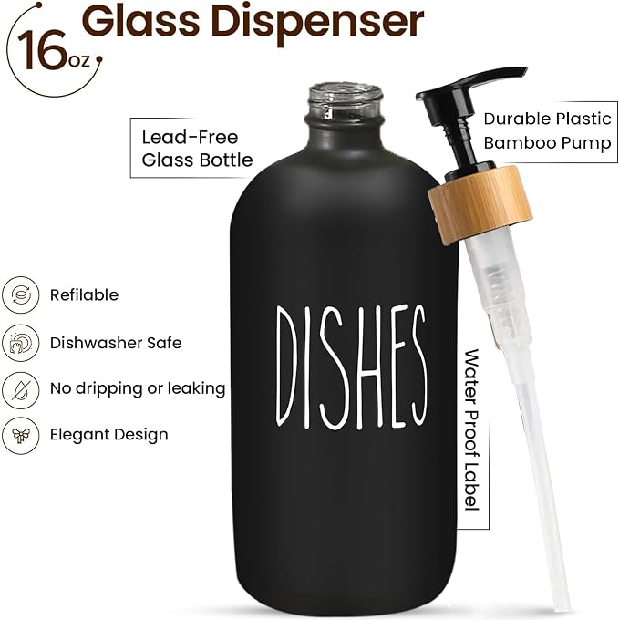 Sunrise Premium 16 OZ Thick Black Glass Soap Dispenser, Bamboo Pump - Image 2