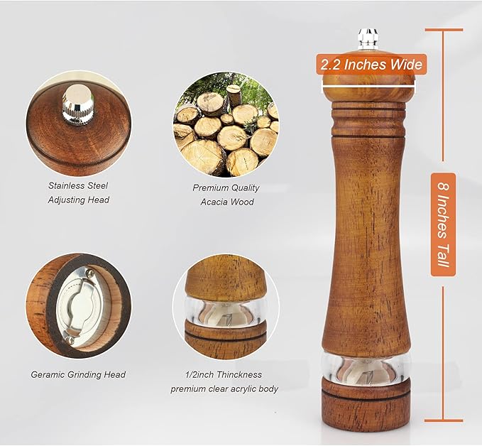 Haomacro Pepper Grinder, Wood Salt and Pepper Mills Set, Classic Manual Spice - Image 4