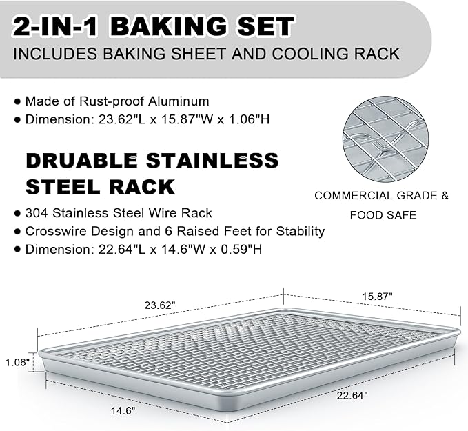 24 Inch Baking Sheet Pans with Rack Set, Natural Aluminum Cookie Sheet - Image 2