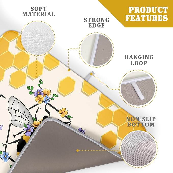 Giwawa Bee Kind Dish Drying Mat, Summer Bees Flowers Dish Drainer Mats - Image 4