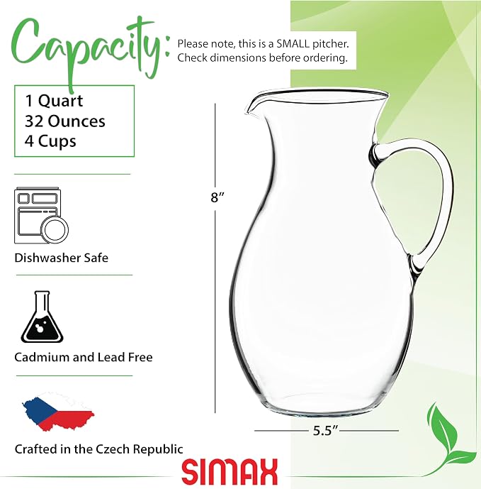 Simax Glass Pitcher With Spout, SMALL 1 Quart Borosilicate Glass Pitchers With - Image 2