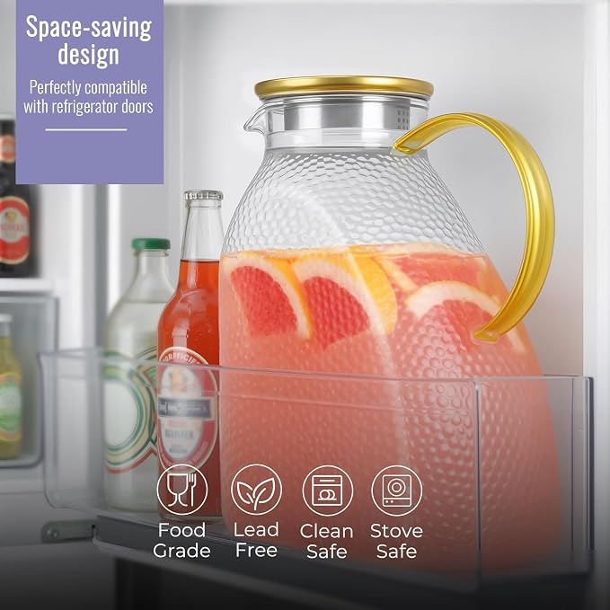 Glass Pitcher With Lid and Spout, 1.8 Liter 60 oz Glass Pitchers With Handle - Image 3