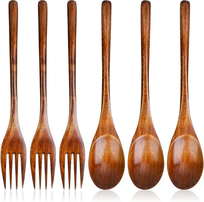 6 Pcs Wooden Forks and Spoons Reusable Wooden Spoons Forks Set Eating Utensil by Unknown
