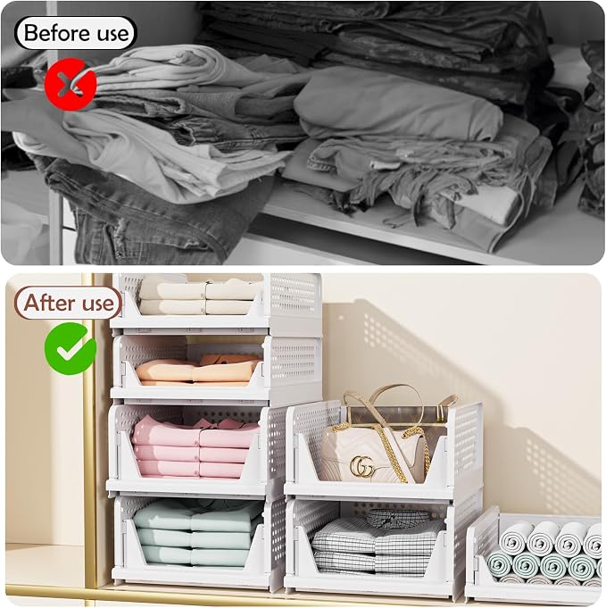 4 Pack Folding Closet Organizers Storage Box, Stackable Storage Bins, Plastic - Image 5