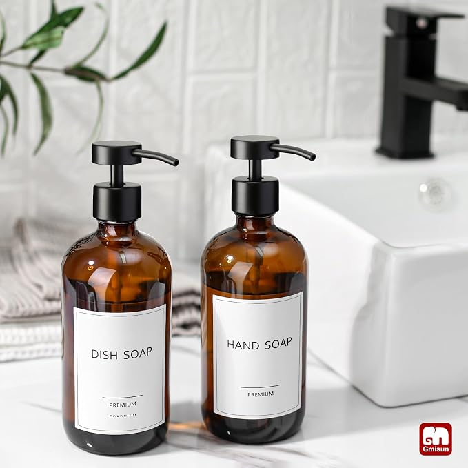 GMISUN Amber Glass Soap Dispenser, 2 Pack Bathroom Hand Soap Dispensers - Image 4