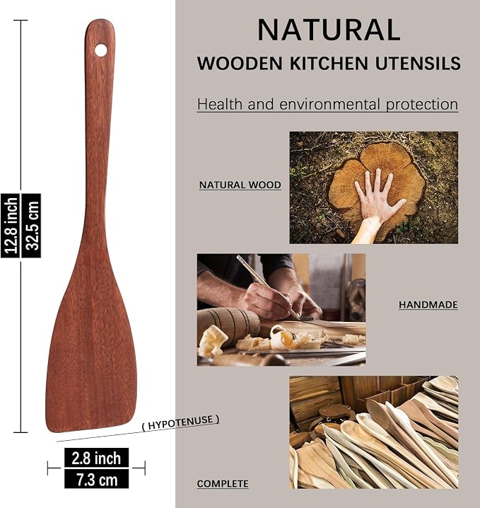 2PCS Wooden Spatulas for Cooking, 12.8inch Coated Mahogany Turners for Frying - Image 2