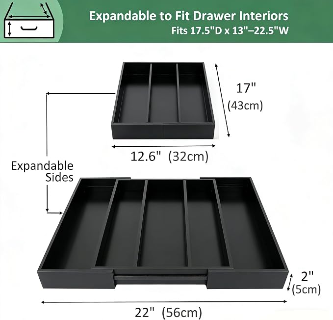 Utoplike Bamboo Drawer Organizer Kitchen Utensils, Adjustable Black Silverware - Image 3