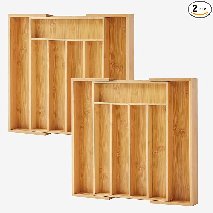 2-Piece Bamboo Silverware Organizer, Expandable Kitchen Drawer Organizer by oridom
