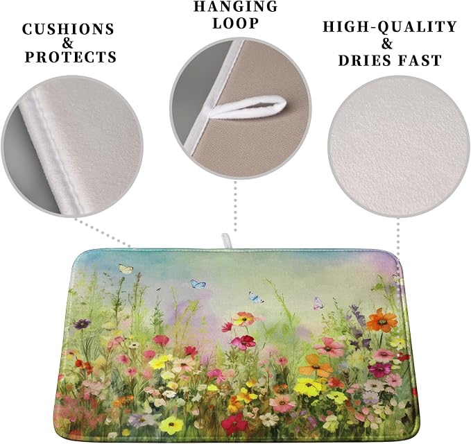 Spring Floral Dish Drying Mat for Kitchen Counter 16x18 Inch Sage Green Wild - Image 3