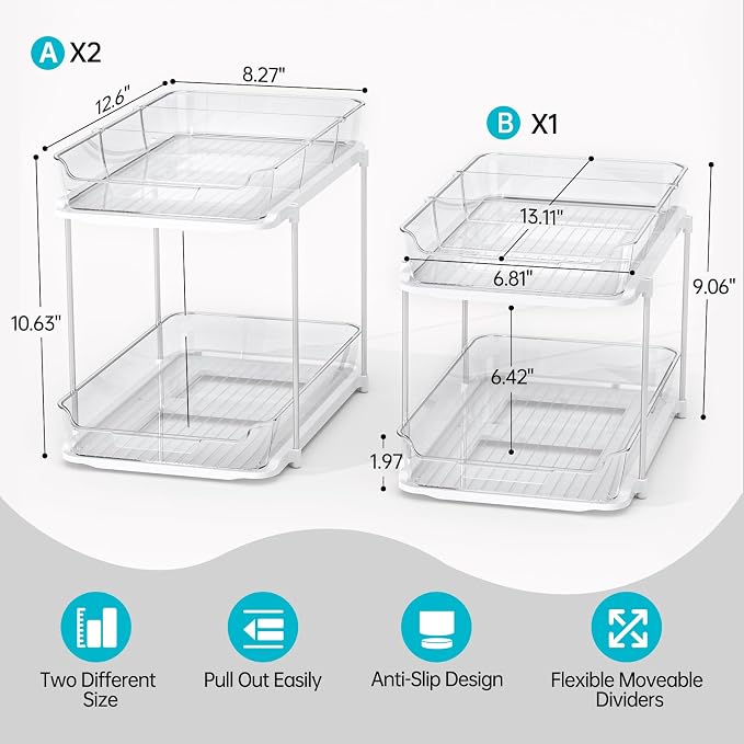 Delamu 3 Pack 2-Tier Bathroom Under Sink Organizers and Storage, Pull Out Clear - Image 2