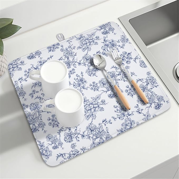 Blue Floral Dish Drying Mat for Kitchen Counter Chinoiserie Flower Microfiber - Image 8