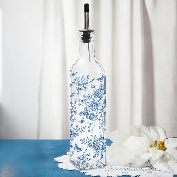 JarThenaAMCS Chinoiserie Olive Oil Dispenser Bottle Blue Floral Glass Cruet by JarThenaAMCS
