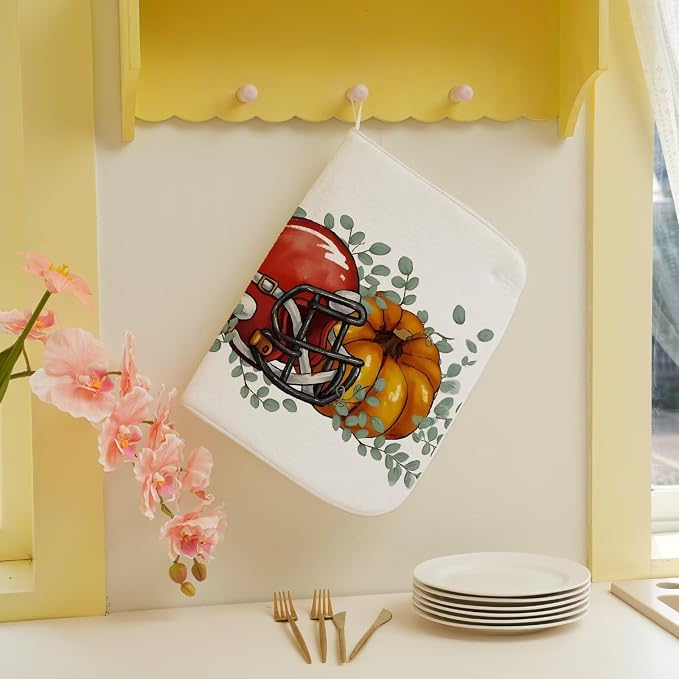 Fall Football Dish Drying Mat 18 x 24 inch Orange Pumpkins Eucalyptus Leaves - Image 5