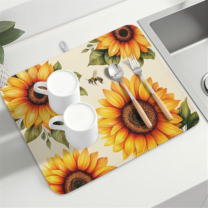 Spring Summer Dish Drying Mat 18x24 Inch Absorbent Reversible Sunflower Drying - Image 7