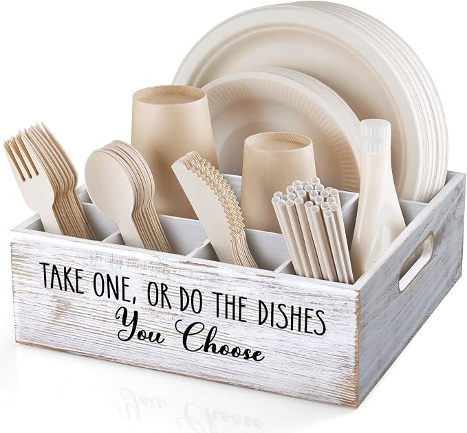 ALELION Rustic White Plate and Utensil Caddy, 6-Compartment Paper Plate and by ALELION