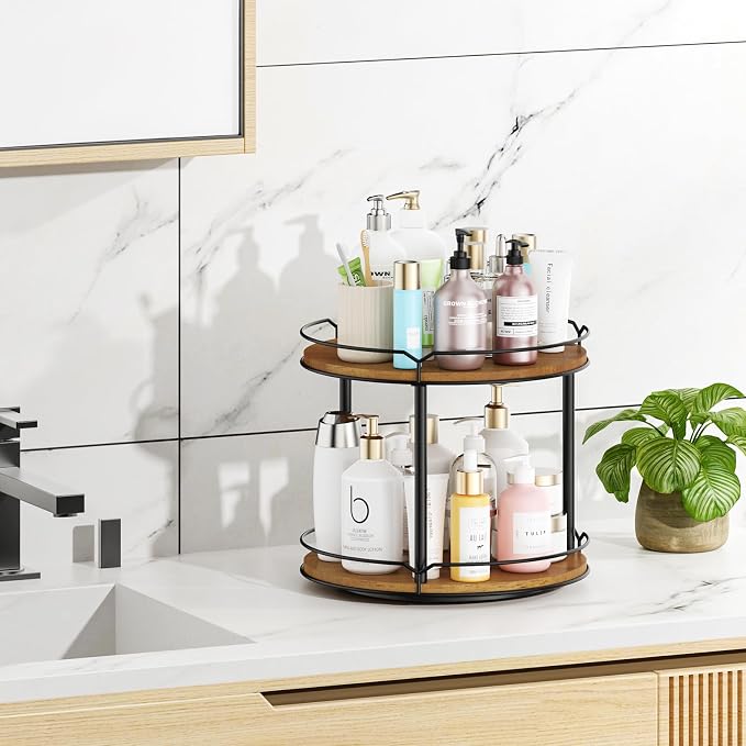12.4" Lazy Susan Organizer 2 Tier, Rotating Spice Rack, Wooden Spinning Spice - Image 6