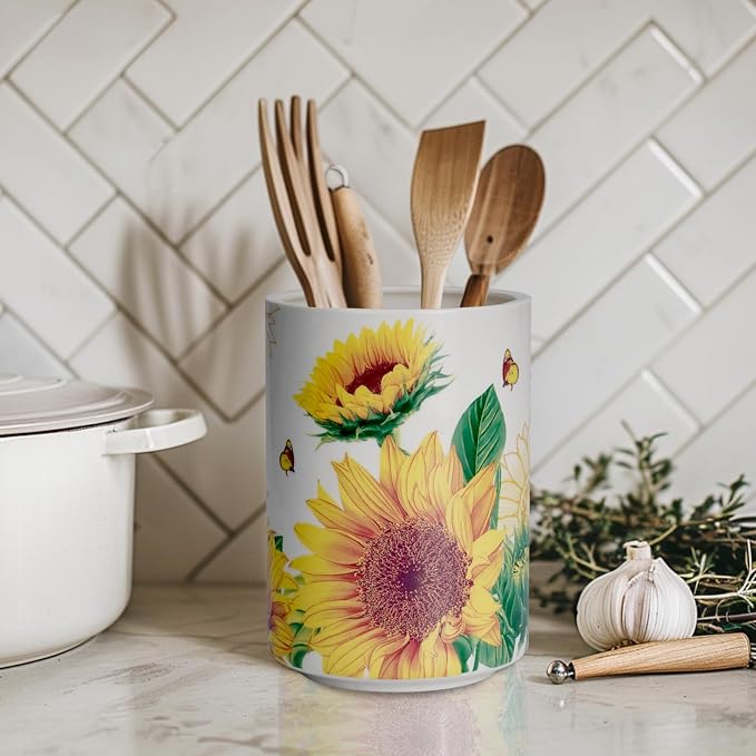 Sunddo Sunflower Utensil Holder, 6.7" Large Utensil Crock, Ceramic Cooking - Image 2