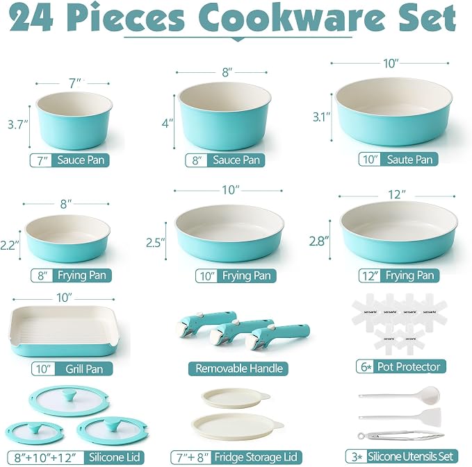 SENSARTE 24 Piece Ceramic Pots and Pans Set, Nonstick Detachable Handle Cookware - Image 2