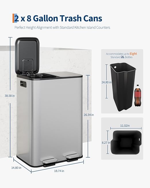 Garvee Double Trash Can, 2 x 8 gal Garbage Can - Image 6