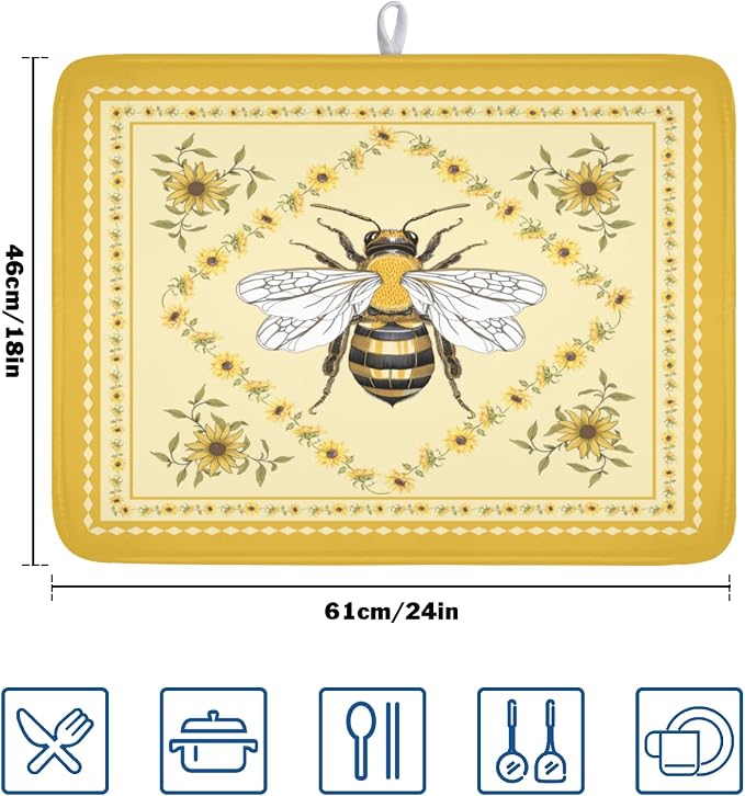 Giwawa Sunflower Bee Dish Drying Mat, Summer Rustic Sunshine Floral Dish - Image 2
