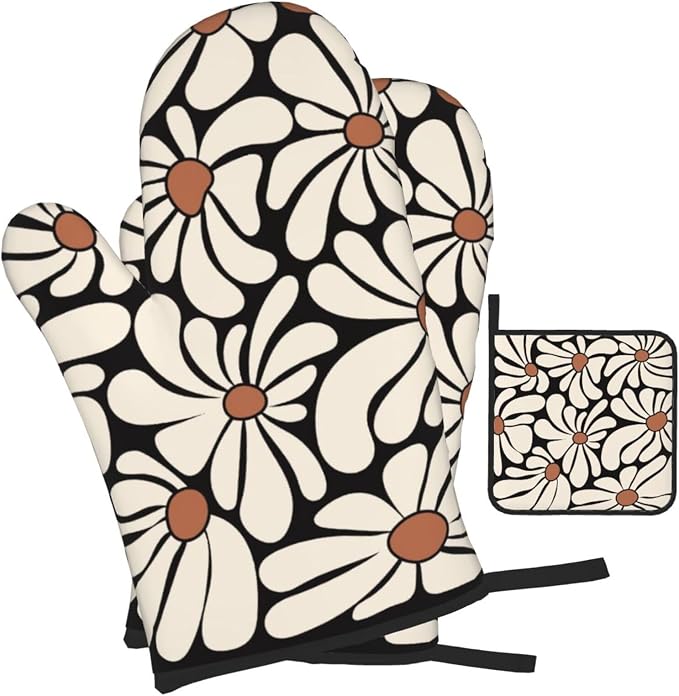 Boho Floral Pot Holders and Oven Mitts Set, Cute Black and Beige Kitchen Mitts - Image 2