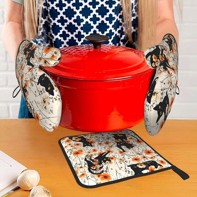 Orange Floral Pot Holders and Oven Mitts Set of 3, Cute Black Cat Kitchen - Image 7