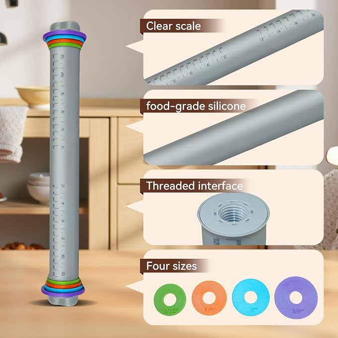 Adjustable Rolling Pin with Thickness Rings, 12.8" Silicone Non Stick Dough - Image 4