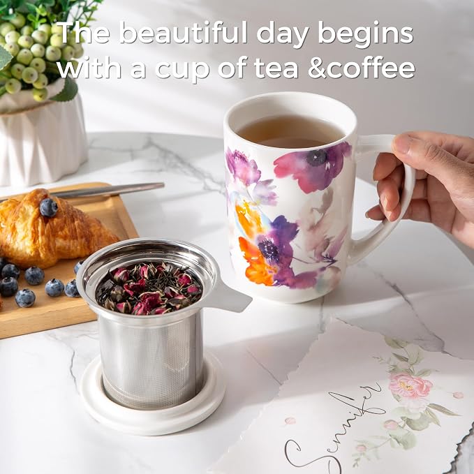 AmorArc Porcelain Tea Mug with Infuser and Lids, 18 Oz Large Cup Strainer with - Image 5