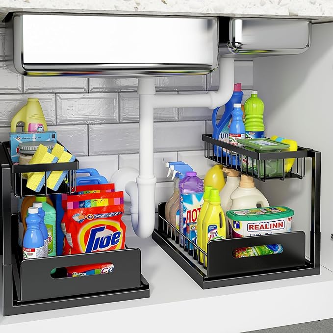 REALINN Under Sink Organizer, L-Shaped 2 Tier Pull Out Cabinet Organizer by REALINN