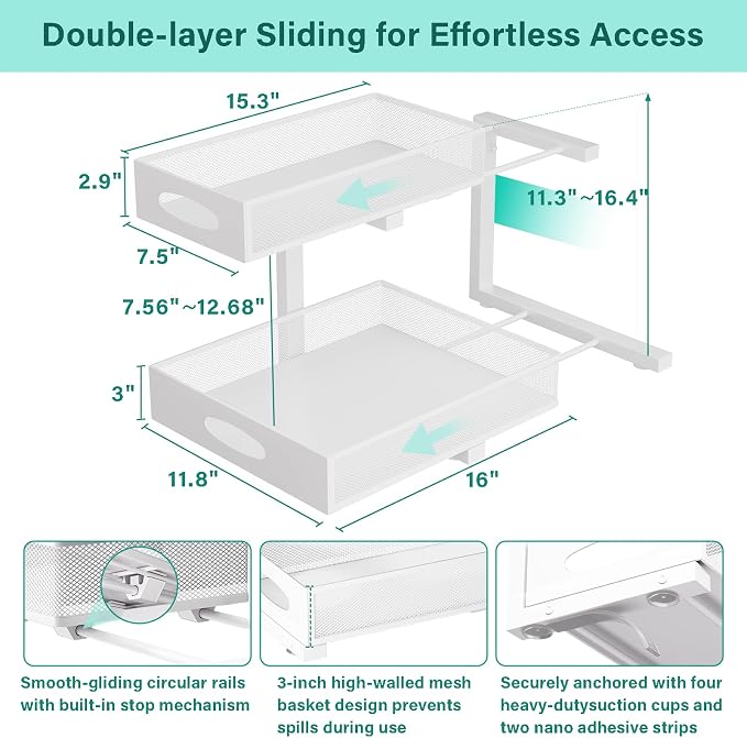 Under Sink Organizer, Extra-Wide Upgrade, 1 Pack 2 Tier Metal Slide Out Cabinet - Image 2