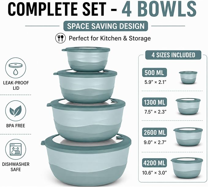 Pera Mixing Bowls with Lids Set, 8 Piece, BPA Free Nesting Kitchen Bowl Set - Image 4