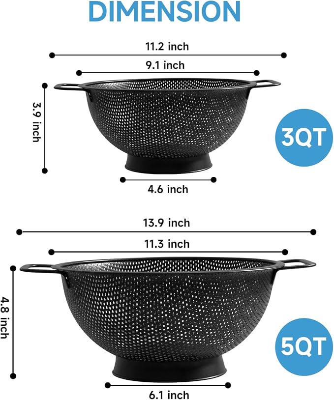Black Colander for Kitchen, Stainless Steel Pasta Strainer - Image 3