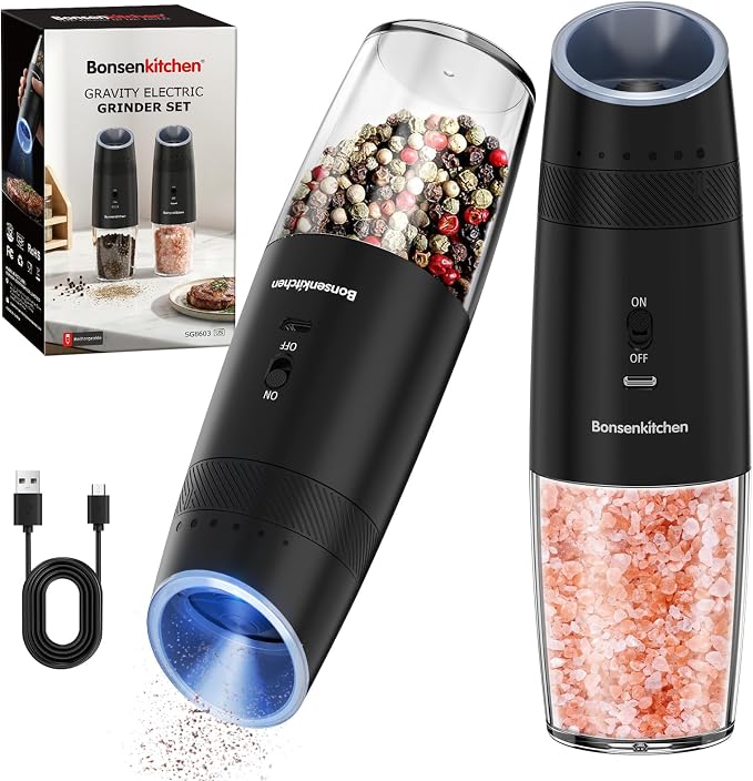 Bonsenkitchen Gravity Electric Salt and Pepper Grinder Set, Type-C Rechargeable by Bonsenkitchen