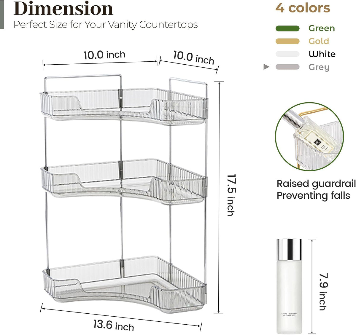 Aveniee Corner Bathroom Organizer, 3 Tier Makeup Shelf Grey