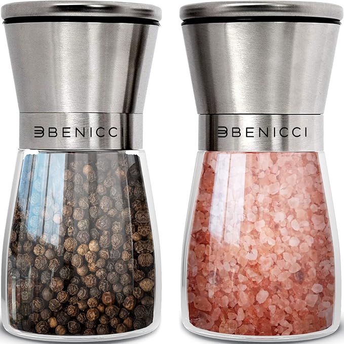 Stainless Steel Salt and Pepper Grinder Set of 2 – Manual Adjustable Ceramic by BENICCI