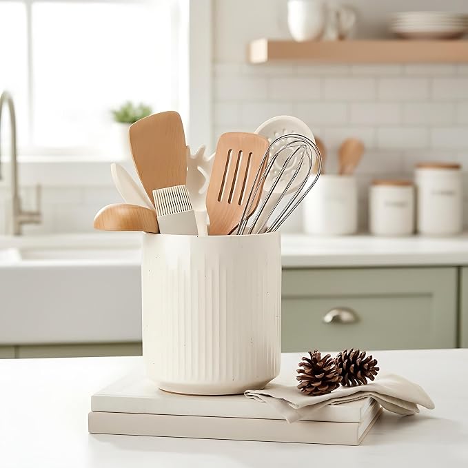 JIEMEI HOME Kitchen Utensil Holder, 7.2" Large Ceramic Stable Utensil Crock - Image 6