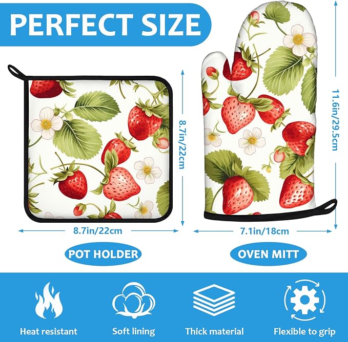 Red Strawberry Flower Oven Mitts and Pot Holders Sets Heat Resistant 4Pcs - Image 2