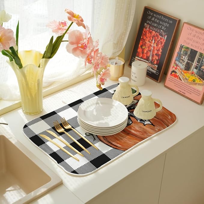 Fall Dish Drying Mat 18 x 24 Inch Thanksgiving Buffalo Plaid Pumpkin Drying Mat - Image 7