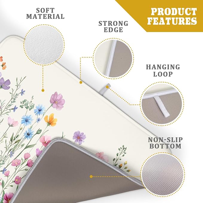 Giwawa Spring Floral Dish Drying Mat 18"x24" Watercolor Summer Wildflower Dish - Image 4