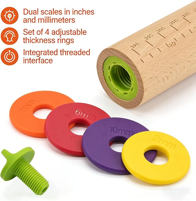 Rolling Pin With Thickness Rings, Adjustable Wooden Rolling Pin Set, 17 inch - Image 7