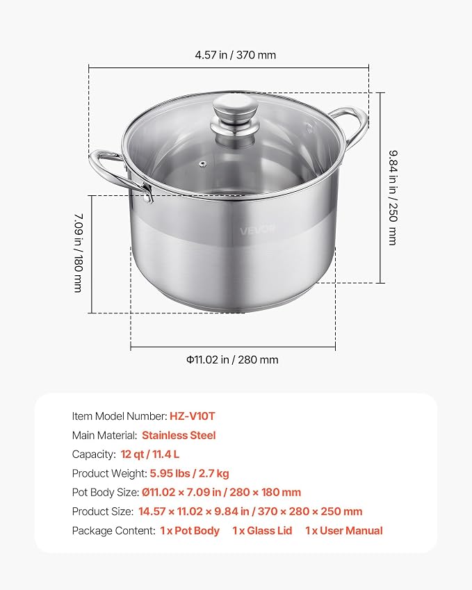 VEVOR Stainless Steel Stock Pot, 12QT Stainless Steel Stockpot - Image 7