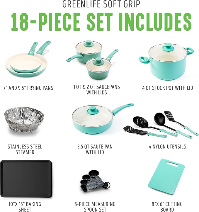 GreenLife Soft Grip Healthy Ceramic Nonstick 18 Piece Kitchen Cookware Pots and - Image 3