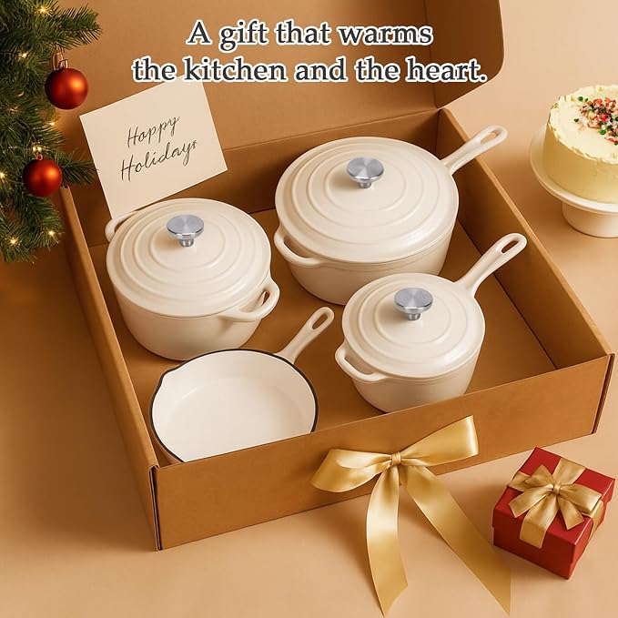 QuliMetal Nonstick Enameled Cast Iron Cookware Set, 4-Pcs Pots and Pans - Image 6
