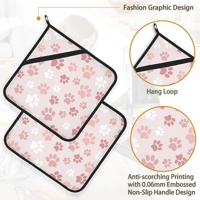 Cute Pink Cat Dog Paw Prints Pot Holder Set of 2, Heat Resistant Potholders - Image 4
