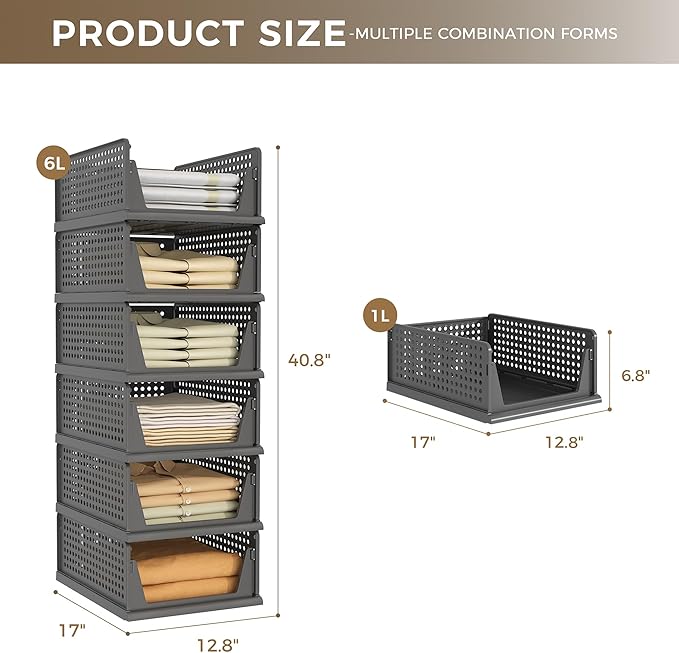 Pinkpum 6 Pack Black Closet Organizers and Storage Plastic Stackable Storage - Image 3