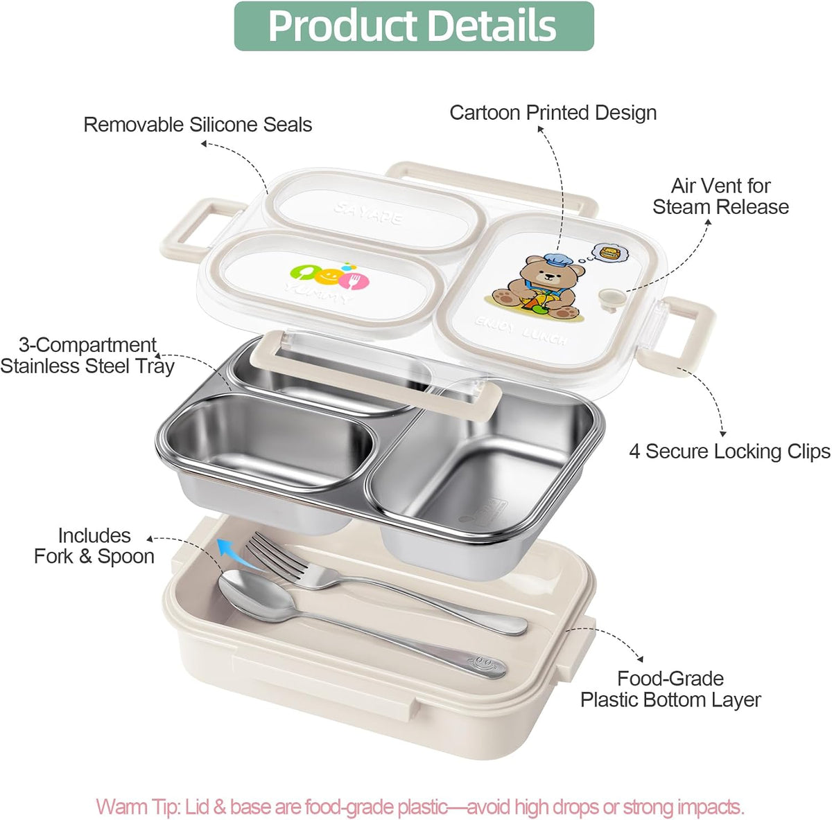 Stainless Steel Bento Lunch Box for Kids, 26.4 oz Leak-Proof