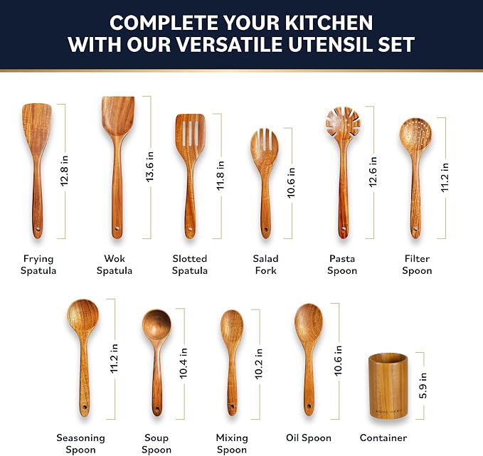 Home Hero Wooden Utensil Set 11 Pcs – Natural Teak Wooden Kitchen Utensils Set - Image 3