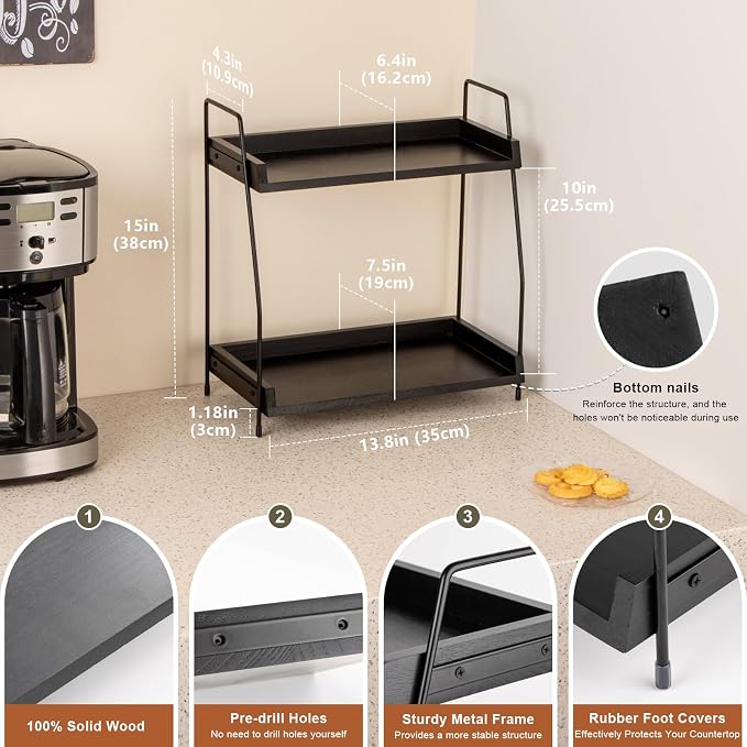 ANBOXIT 2-Tier Coffee Station Organizer, Wooden Kitchen Counter Shelf - Image 3